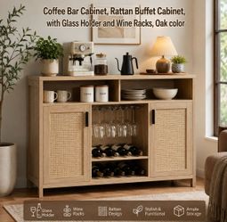 Coffee Bar Cabinet, Rattan Buffet Sideboard with Glass Holder and Wine Racks, , Oak
