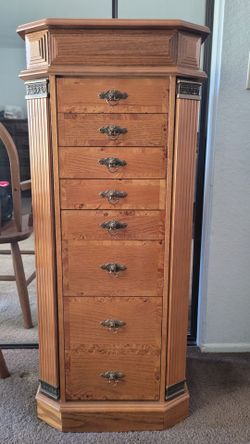 Vintage Oak Freestanding Jewelry Armoire – 8 Drawers & Side Doors