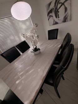 Ashley 7_Piece Dining Set, 70 in White Marble Table with Black Vegan Leather Chairs, Espresso Finish, Rectangular Design, Silver Accents, Modern