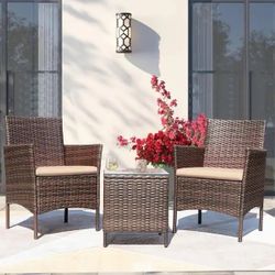 Brown 3-Pieces Patio Furniture PE Rattan Outdoor Conversation Set w/Table Backyard Garden Set with Beige Cushion brand new in box $100 H17(4)