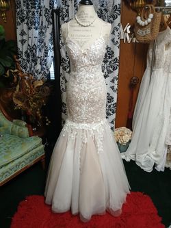 Blush Mermaid Wedding Gown with Lace Appliqué