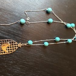 Blue Turquoise Beaded Necklace With Bird Pendant 