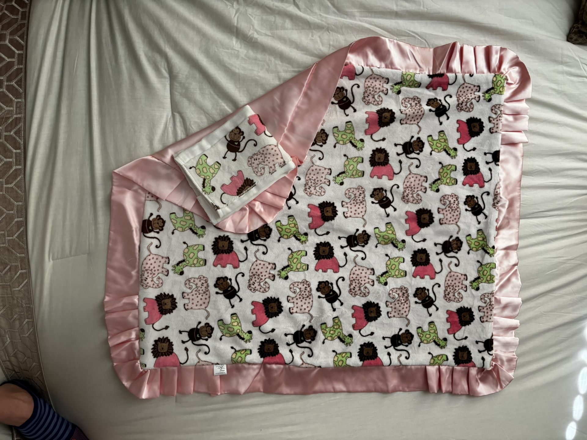 Light Pink playful monkey patterned blanket with matching burp cloth
