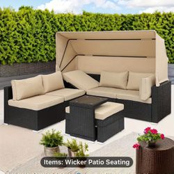 TITIMO 7 Pieces Patio Furniture Sets Daybed with Retractable Canopy, Outdoor Rattan Sectional Sofa Set, Wicker Patio Seating Chairs with Adjustable Ba
