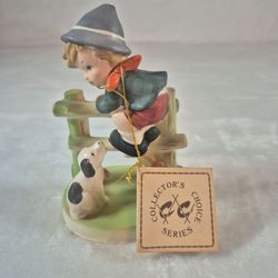 Vintage Flambro Porcelain Figurine - Boy on Fence with Dog