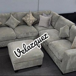 ✅️✅️️✅️4 pc Grey  cordury fabric upholstered sectional sofa with ottoman✅️✅️