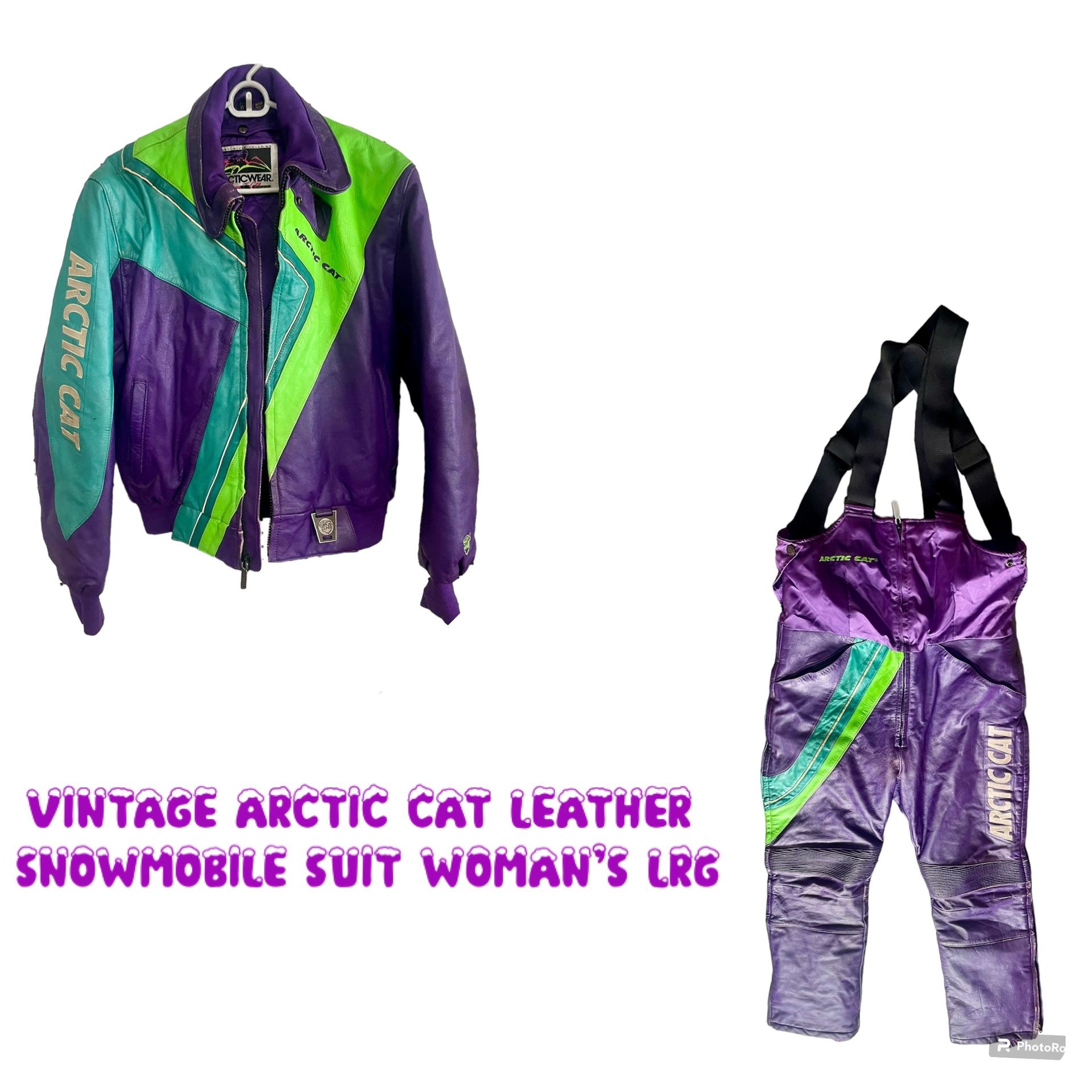 Vintage Arctic Cat Snowmobile Suit Womans Large Jacket and Pants Bibs Leather