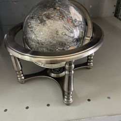10" Tall Table Gemstone World Globe w/ 4 Leg Silver Stand And Compass