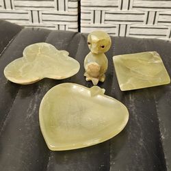 Vintage Ashtray Mineral Rock Set Of 3 And Little Figurine Green Handcrafted Used