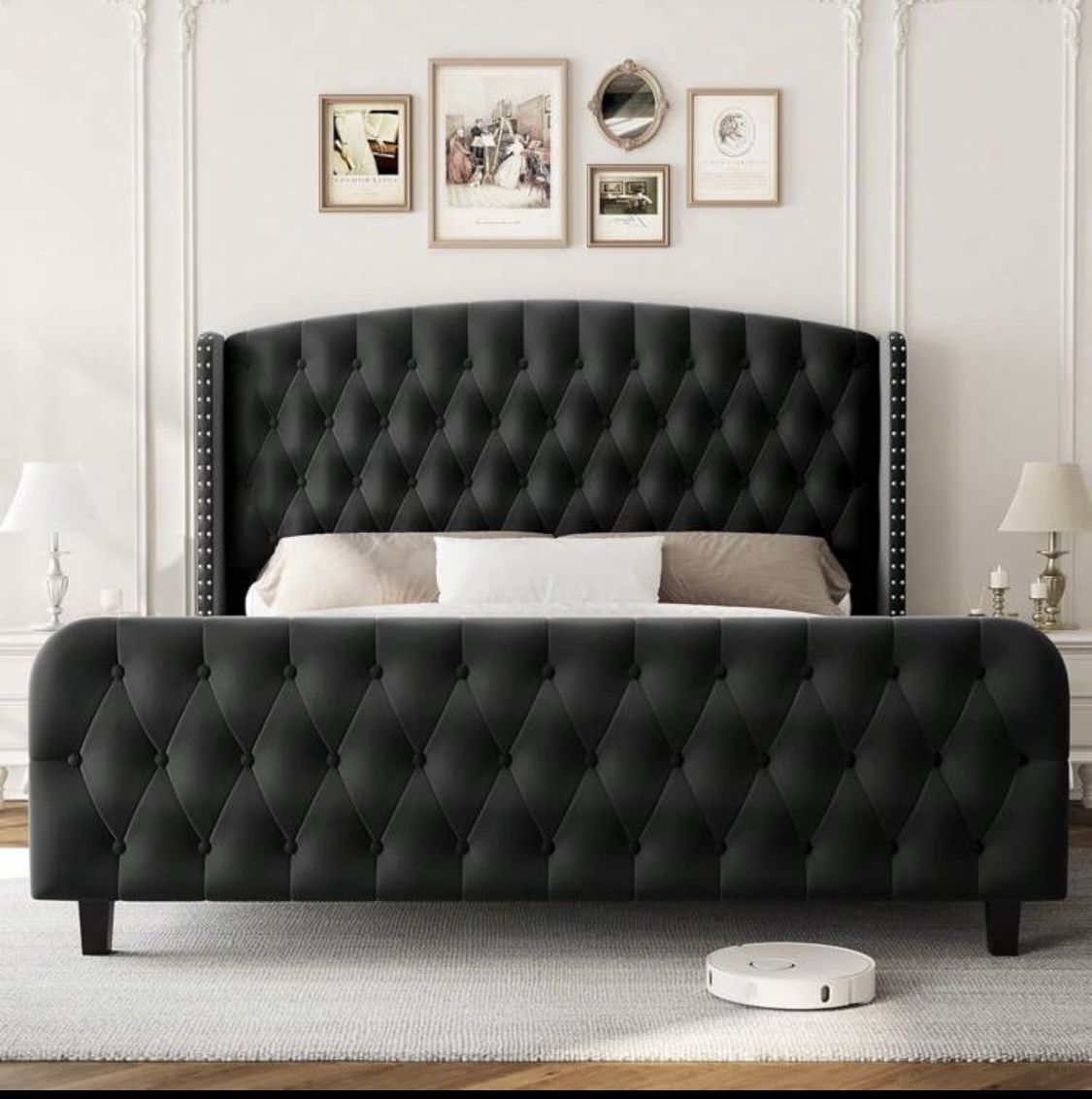 2 Color Black And Beige Velvet CuisinSmart 51” Tall Queen/ Size Bed Frame. No Box Spring Needed. New In Original Box.