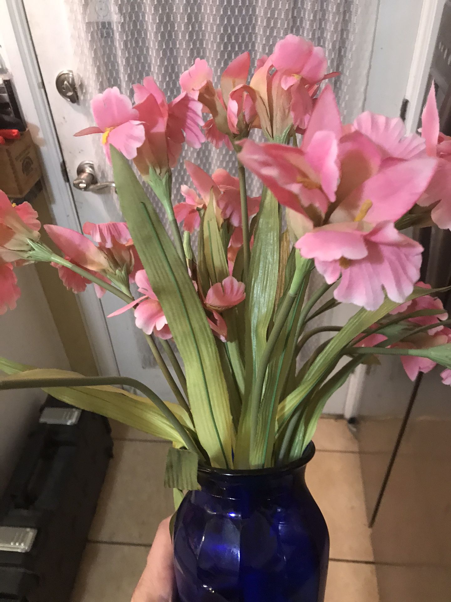 fake Flowers and vase blue