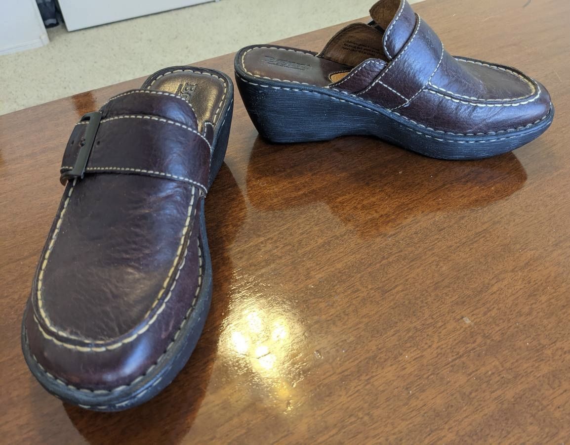 Born Brown Leather Wedge Clog Shoes, Size 8 / 39