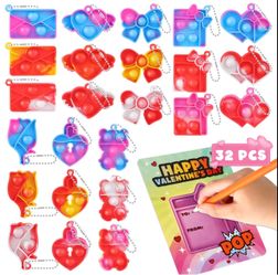 32 Pack Pop Toys Valentine's Day Gifts for Kids, Fidget Toy Set for Classroom Exchange, Party Favor Toys with Valentine Cards, Kids Toy Prizes Bulk