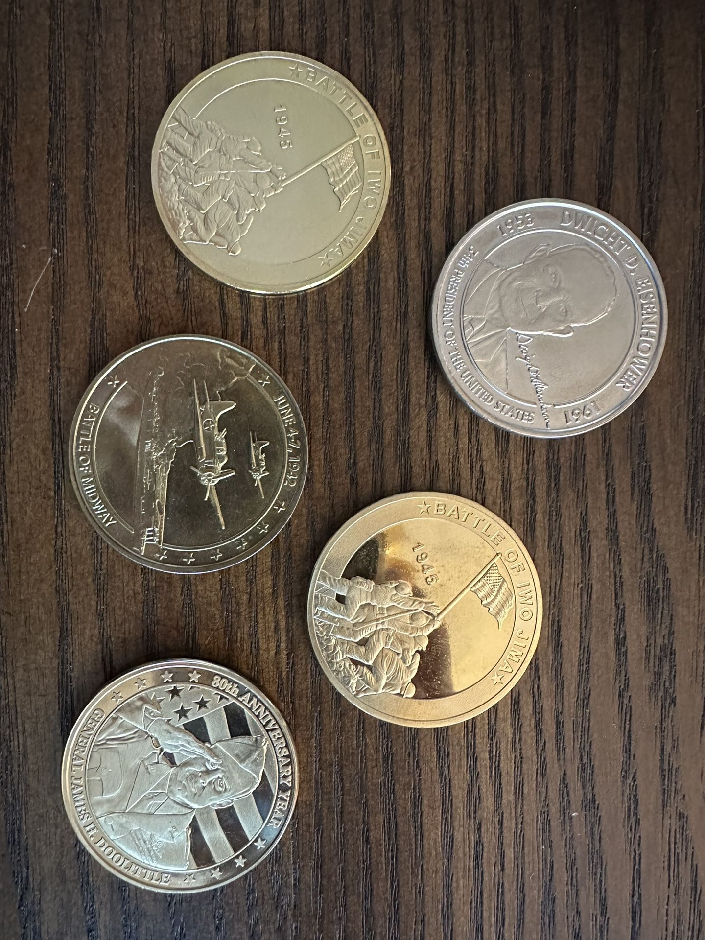 5 Commemorative WWII Challenge Coins - Excellent Condition