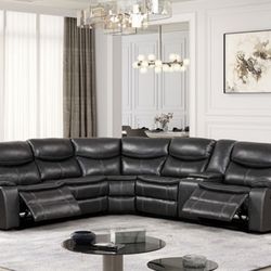 Dark Grey Leather Sectional With Reclining Seats