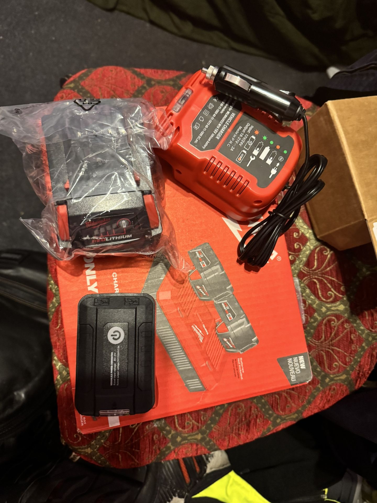 New Milwaukee M18 Dual Rapid Charger, M18 5.0 Battery, Topoff, And M18 Car Charger 