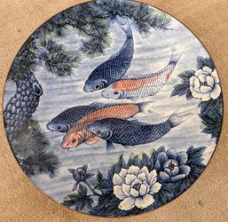 Asian style large stoneware ceramic serving platter with Koi fish design