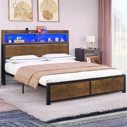 King Size LED Bed Frame Metal Platform Bed 2 Tier Storage Shelves