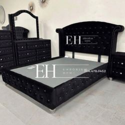 Black King Bedroom Set 4 Pcs Black Velvet NEW