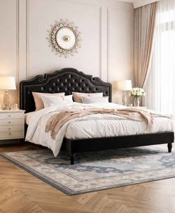 King Bed Frame with Adjustable Velvet Tiara Headboard, Upholstered Diamond Button Tufted Platform Bed, Wood Slats Support, No Box Spring Needed, Mattr