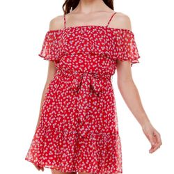 NWT Size 13 B. Smart Red White Floral Cold Shoulder Mini Ruffle Dress  Spring Summer Memorial Day Graduation Labor Day 4th Of July  Sun Dress