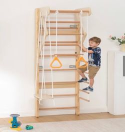 6-in-1 Swedish Ladder Wall Gym, Indoor Kids Playground with Swing, Rope Ladder, Pull-Up Bar, Slide, W1422P474542