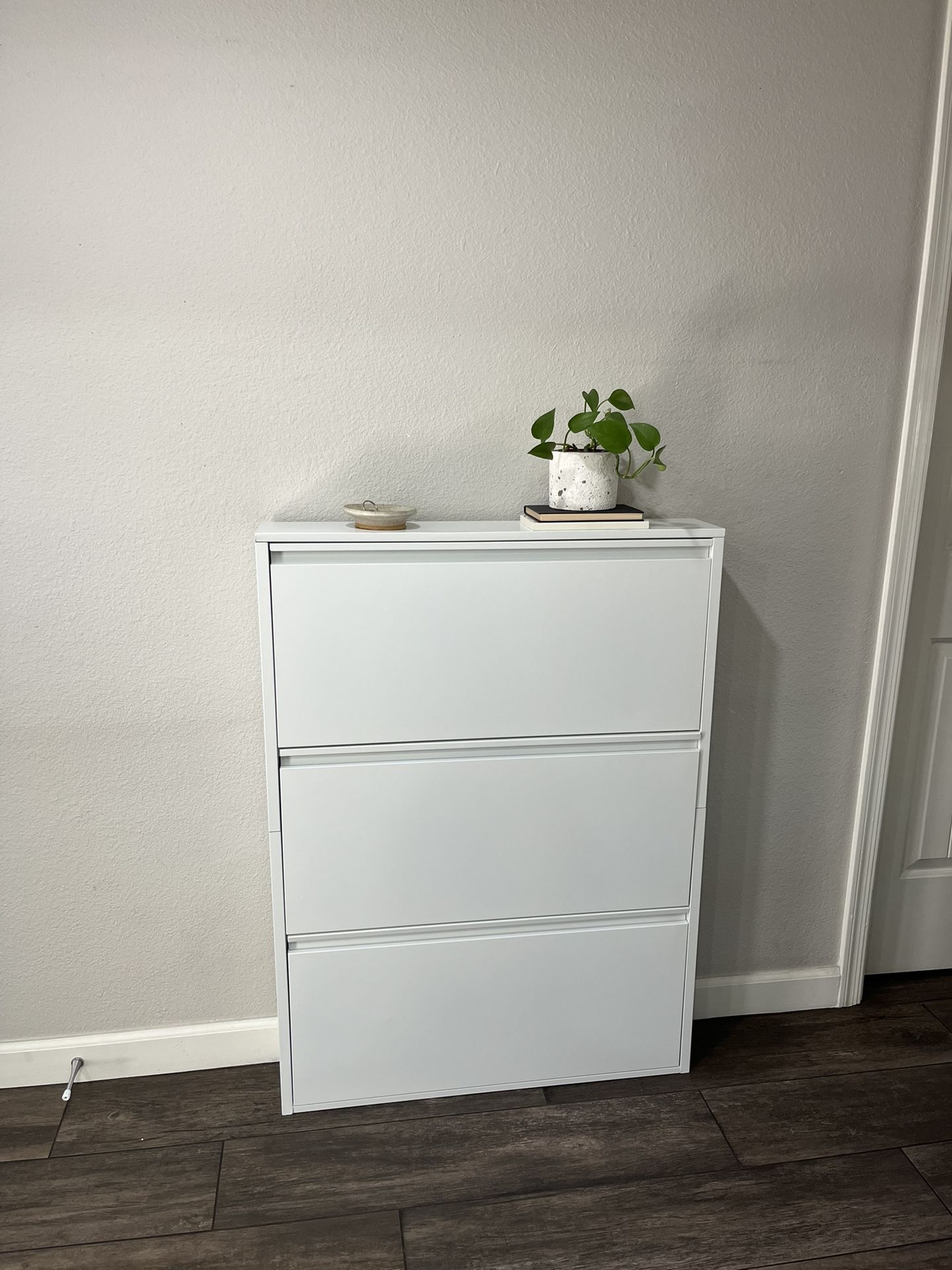 White Shoe Cabinet Entryway Metal Slim Narrow 3 Flip Drawers
