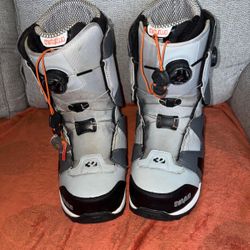 The snowboard boots shown are used. They are in good condition, size 10. When they were available as new, used, or on sale, the price was approximatel