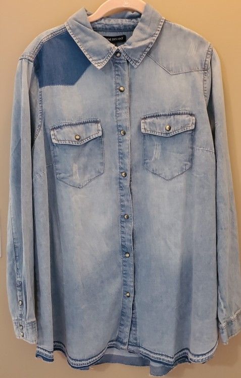 Lane Bryant Distressed Long Sleeve Denim Shirt