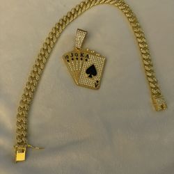 Iced Out Cuban Chain And Pendant In Silver And Gold
