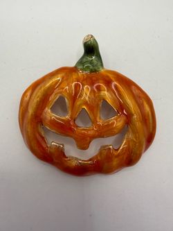 Vintage Orange Enamel Halloween Pumpkin Brooch Pin