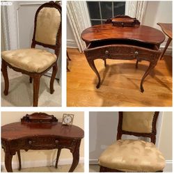 Small wooden antique vanity desk and Small Yellow leaf pattern chair