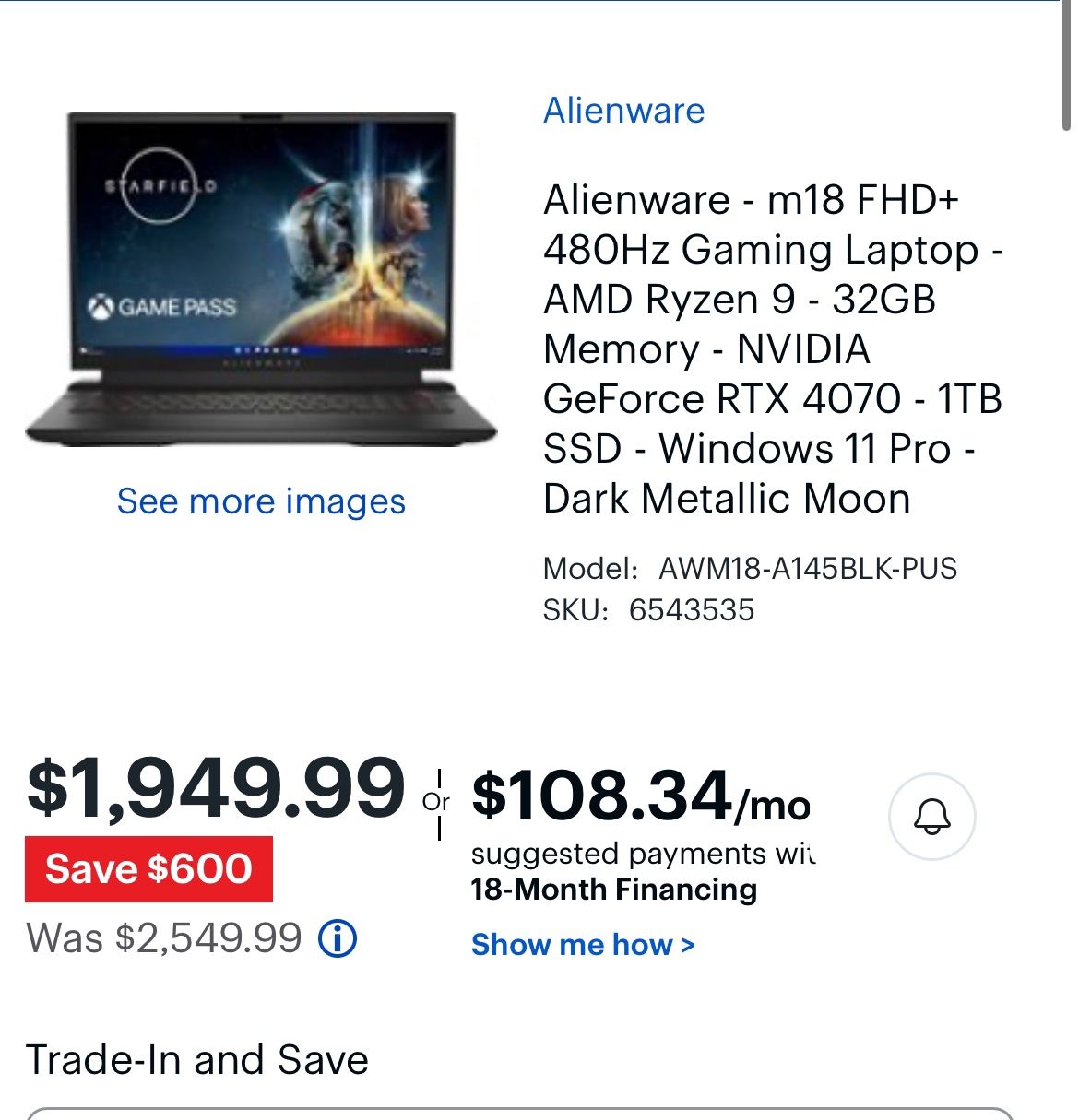 Alienware M18 AMD Ryzen 9 NVIDIA GEFORCE RTX 4070