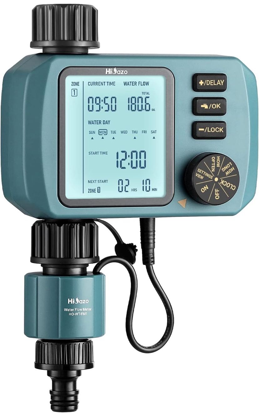 Programmable Water Timer with Flow Meter for Garden Hose, Eco Mode, Manual Watering, Rain Delay, Child Lock, for Lawn, Yard, Pool, Mist System