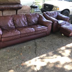 Raspberry Leather Couch And Chair Set