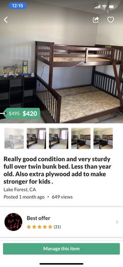 Really good condition and very sturdy full over twin bunk bed. Less than year old. Also extra plywood add to make stronger for kids .