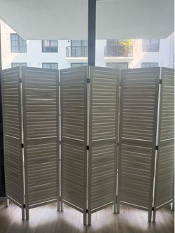 Room Divider 6-Panel - Wood Louvered Privacy Screen, White-Washed
