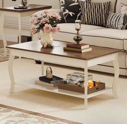 Modern Coffee Table with Storage Shelf – White & Brown