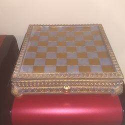 Vintage Silver And Gold Dog And Cat Chessboard Cabinet And Set