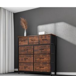 DUMOS Dresser for Bedroom, Storage Organizer with 9 Drawers, Chest of Drawers with Fabric Bins, Sturdy Metal Frame, Wood Tabletop for Guest Room, Clos