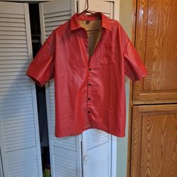 Faux Leather Jacket Short Sleeve  Red XL Rare Button Up 