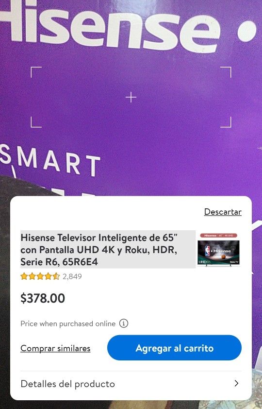 65" Hisense SMART TV UHD 4K SND ROKU, HDR, SERIE R6