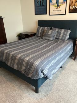 Full Sized Mattress, Upholstered Bed Frame with Headboard and Pillows