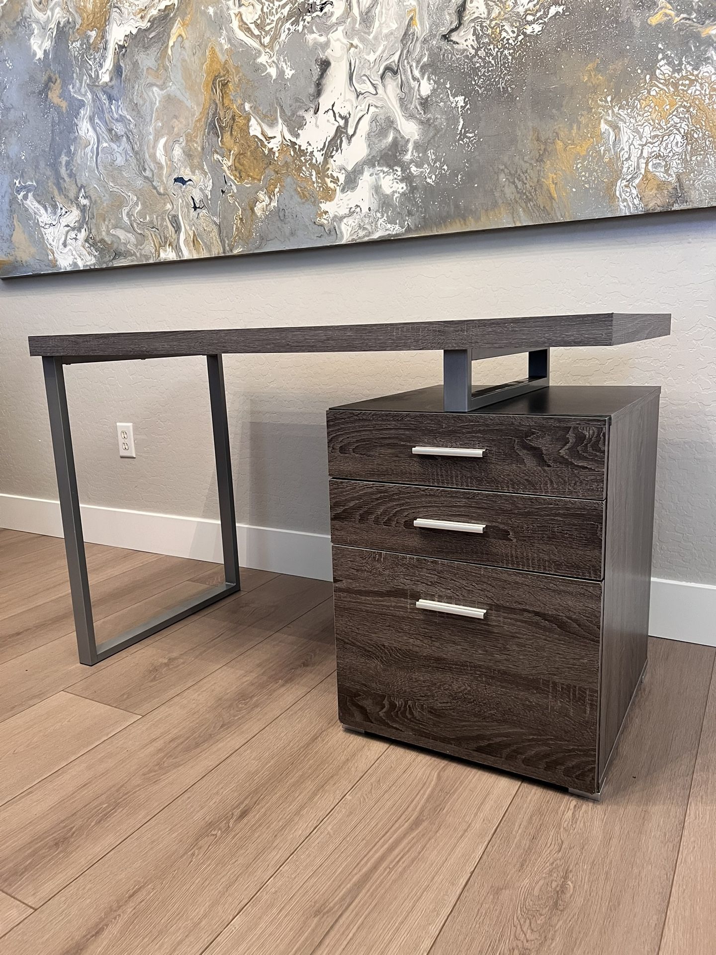 47” Weathered Grey Wood Grain And Metal Reversible 3 Drawer Modern Desk