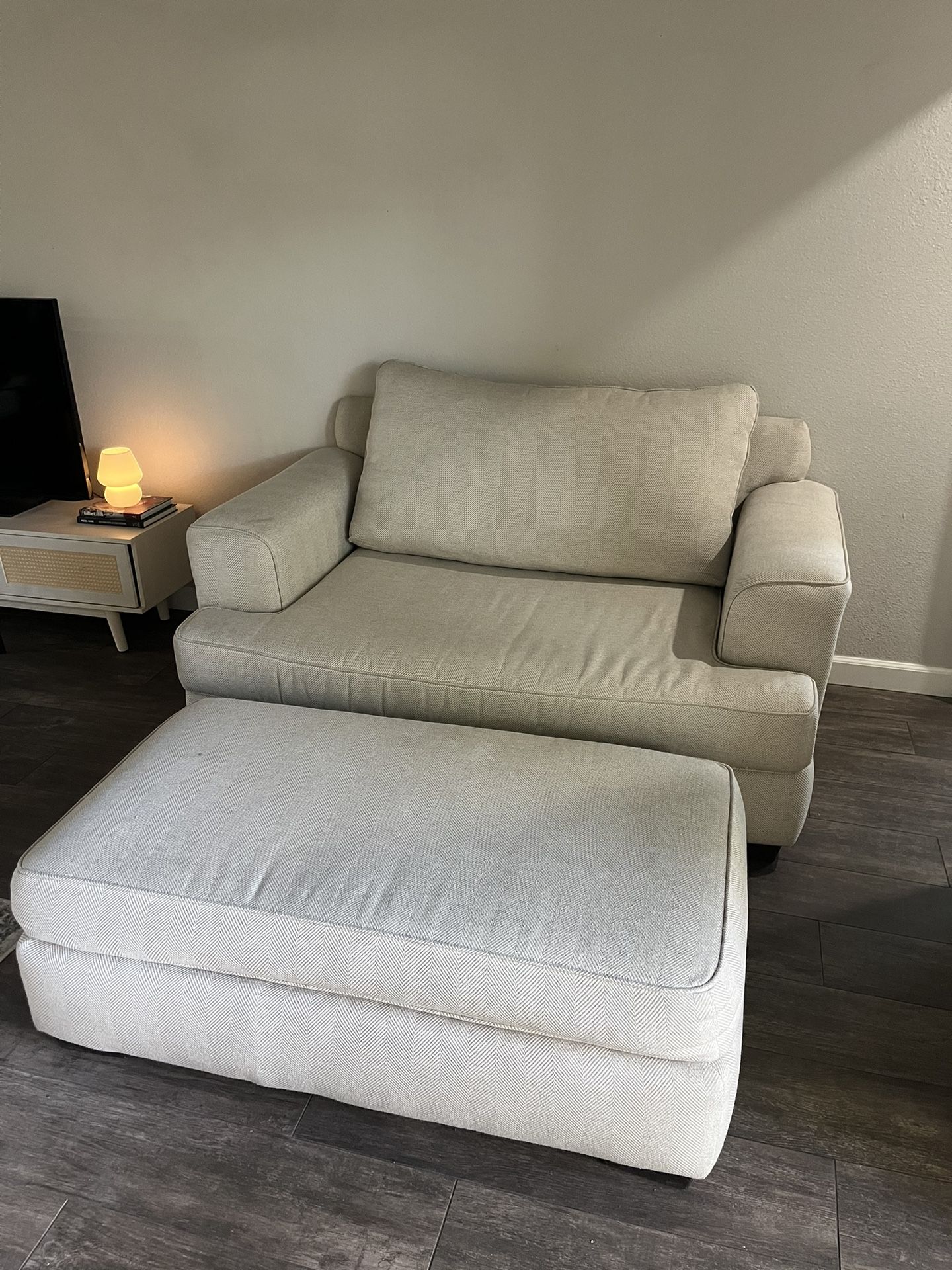 Large cream beige oversized loveseat sofa AND ottoman modern living spaces tan couch