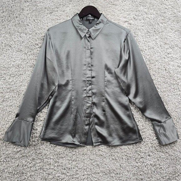 Express Portofino Shirt Womens Medium Gray Satin Polyester Button Up Office