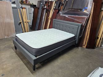 Full Gray Upholstered Platform Bed with Mattress
