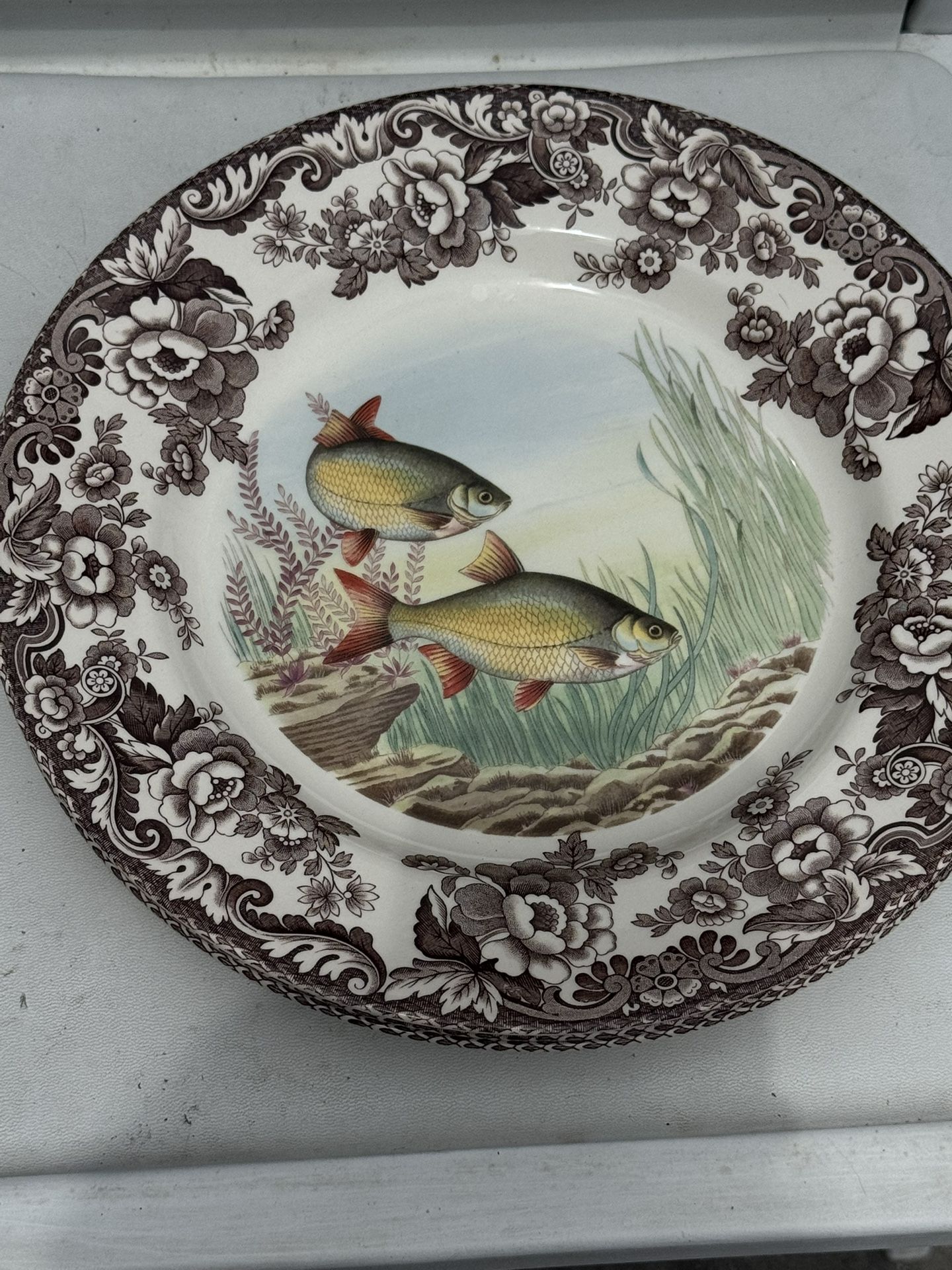 Vintage Spode Woodland Collectible 1990’s Retired English Earthenware Dinner Plate Rudd Fish Classic Floral Border Design Dish Washer, Microwave Safe