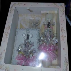 NEW NUEVO PINK AND SILVER BAUTIZO BAPTISM ROSARY ROSARIO  BAPTISMAL SET