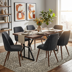 Homy Casa LEONARD+KALI 7PC Dining Set 63” Rectangular Table with 6 Charcoal Fabric Chairs Walnut Metal Legs